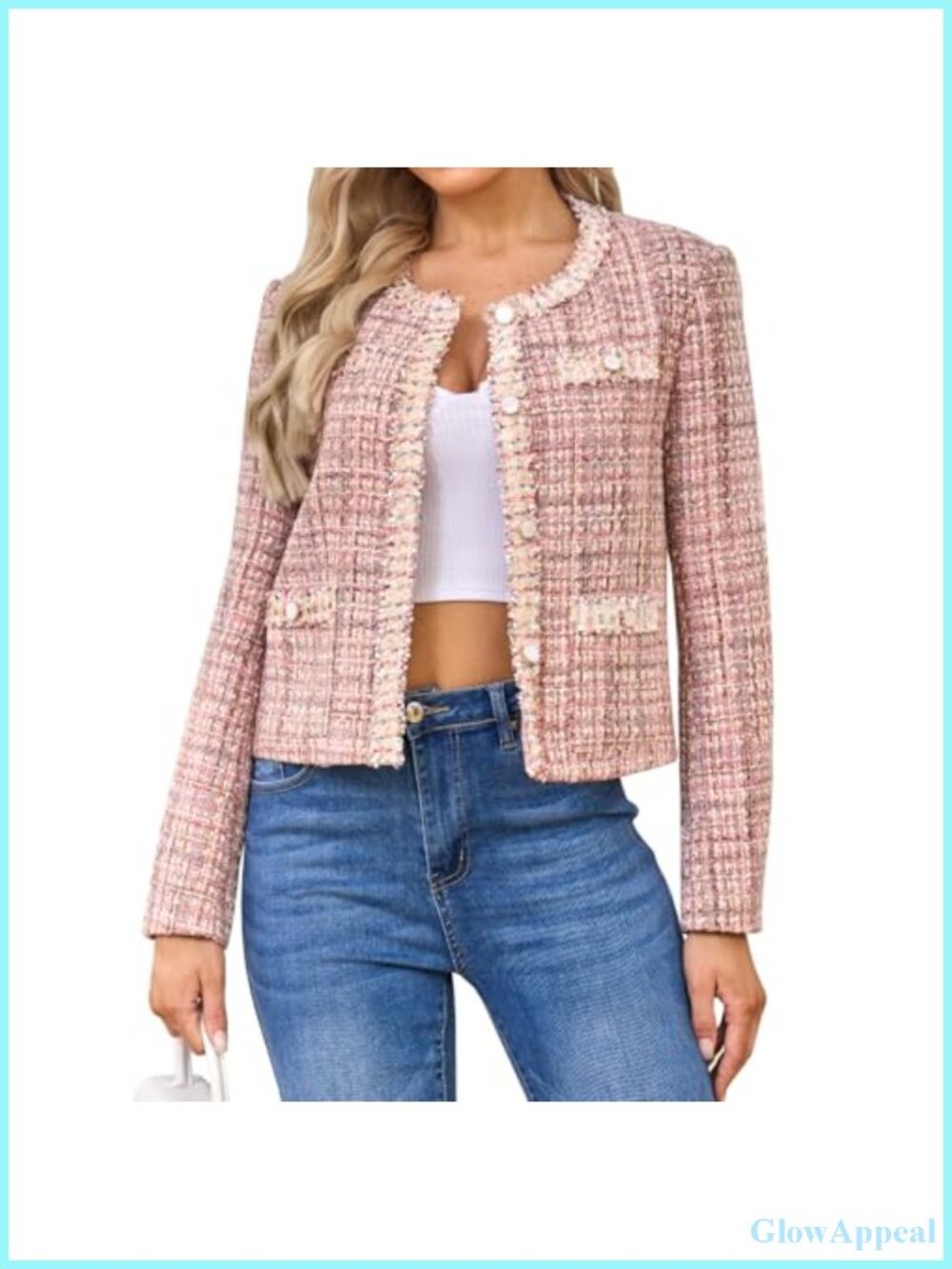 Women's Tweed Blazer Cropped Collarless Plaid Jacket Long Sleeve